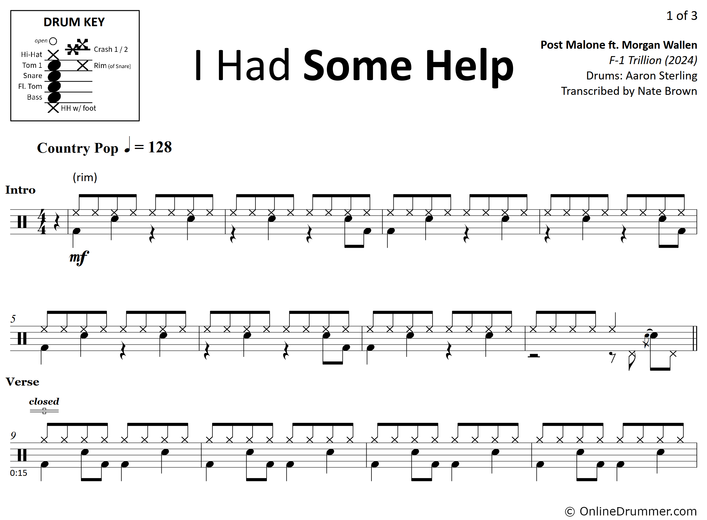 I Had Some Help - Post Malone ft. Morgan Wallen - Drum Sheet Music