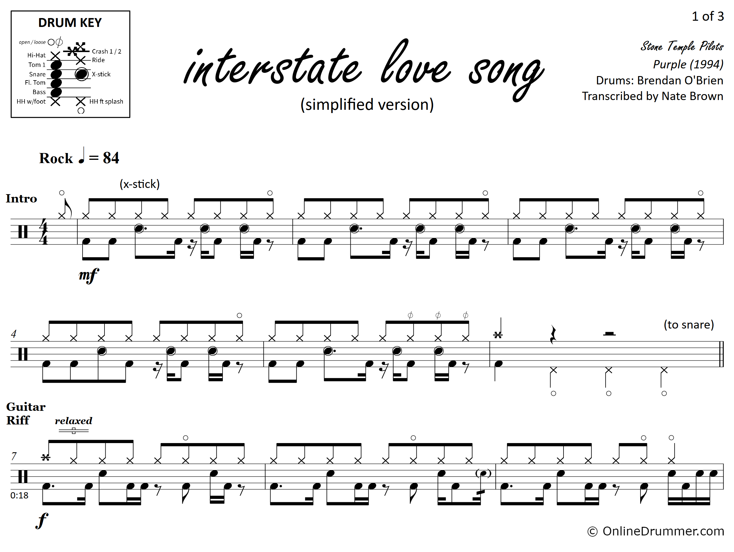 Interstate Love Song - Stone Temple Pilots - Simplified Drum Sheet Music