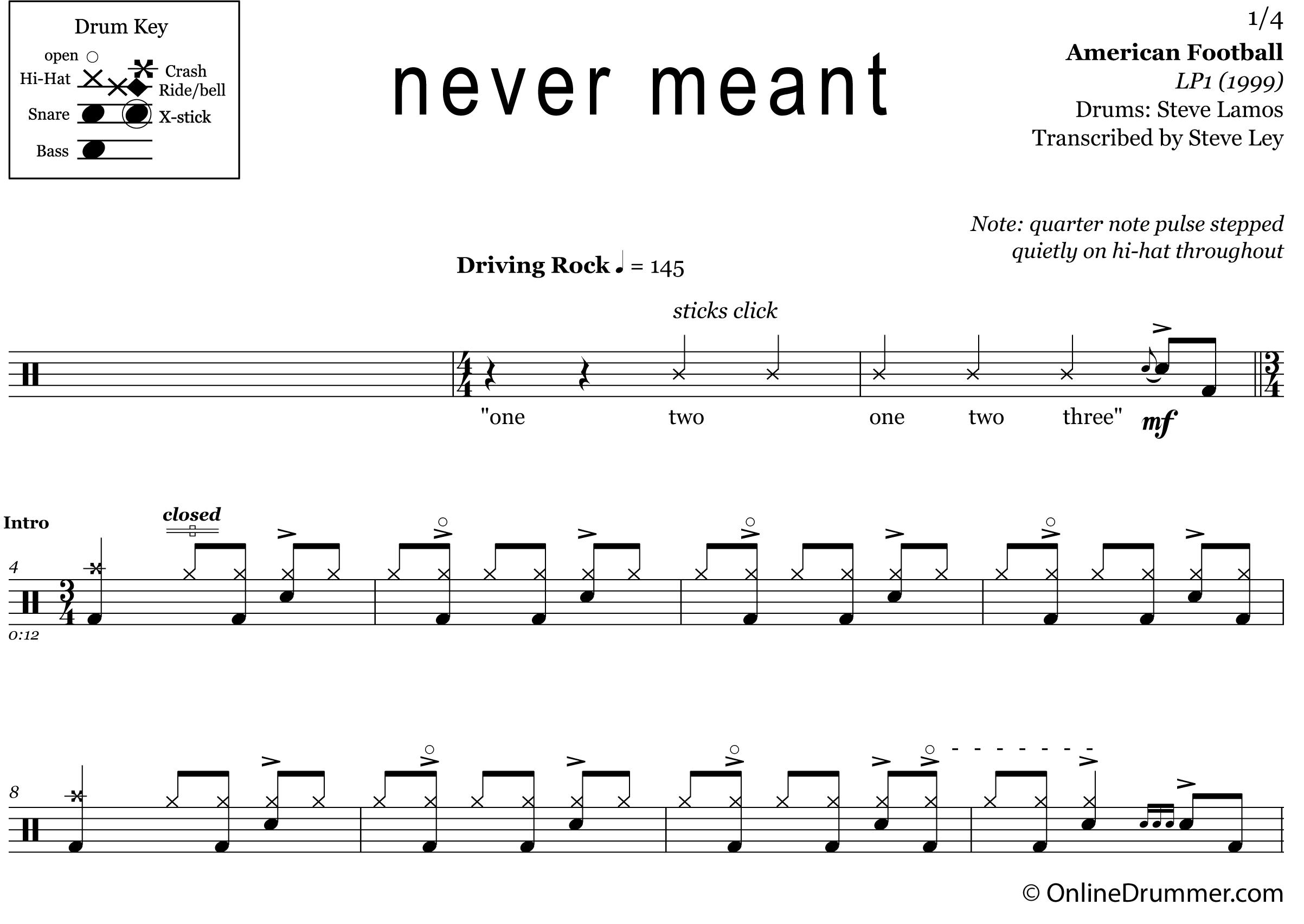 "Never Meant" by American Football - Drum Sheet Music Excerpt