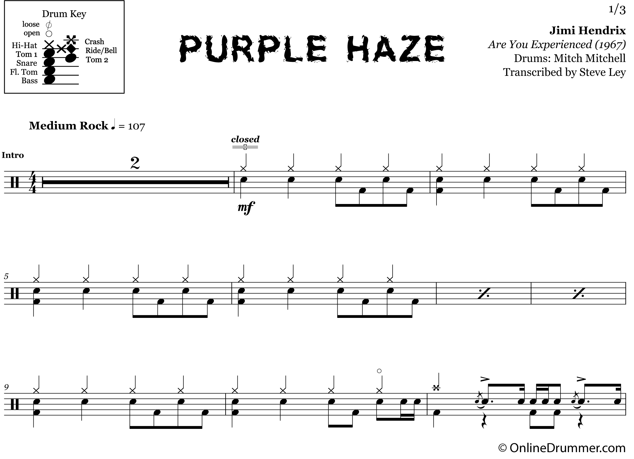 Purple Haze - Jimi Hendrix - Drum Sheet Music