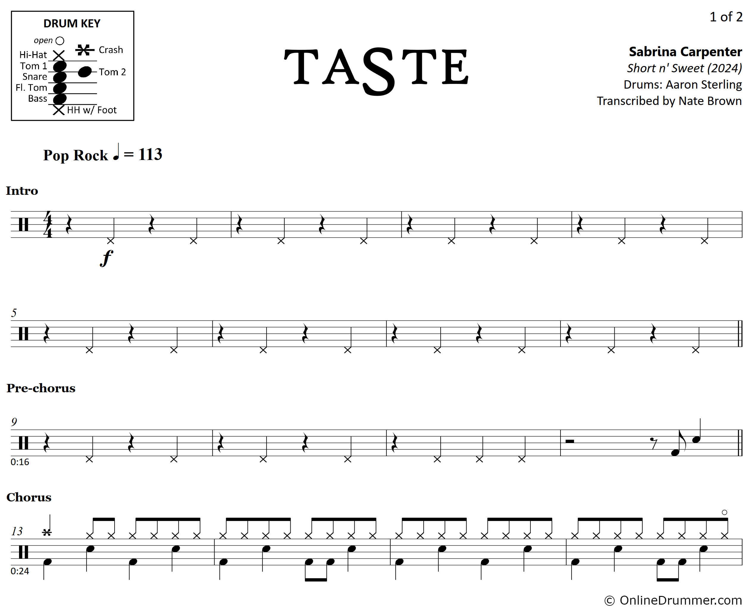 Taste - Sabrina Carpenter - Drum Sheet Music