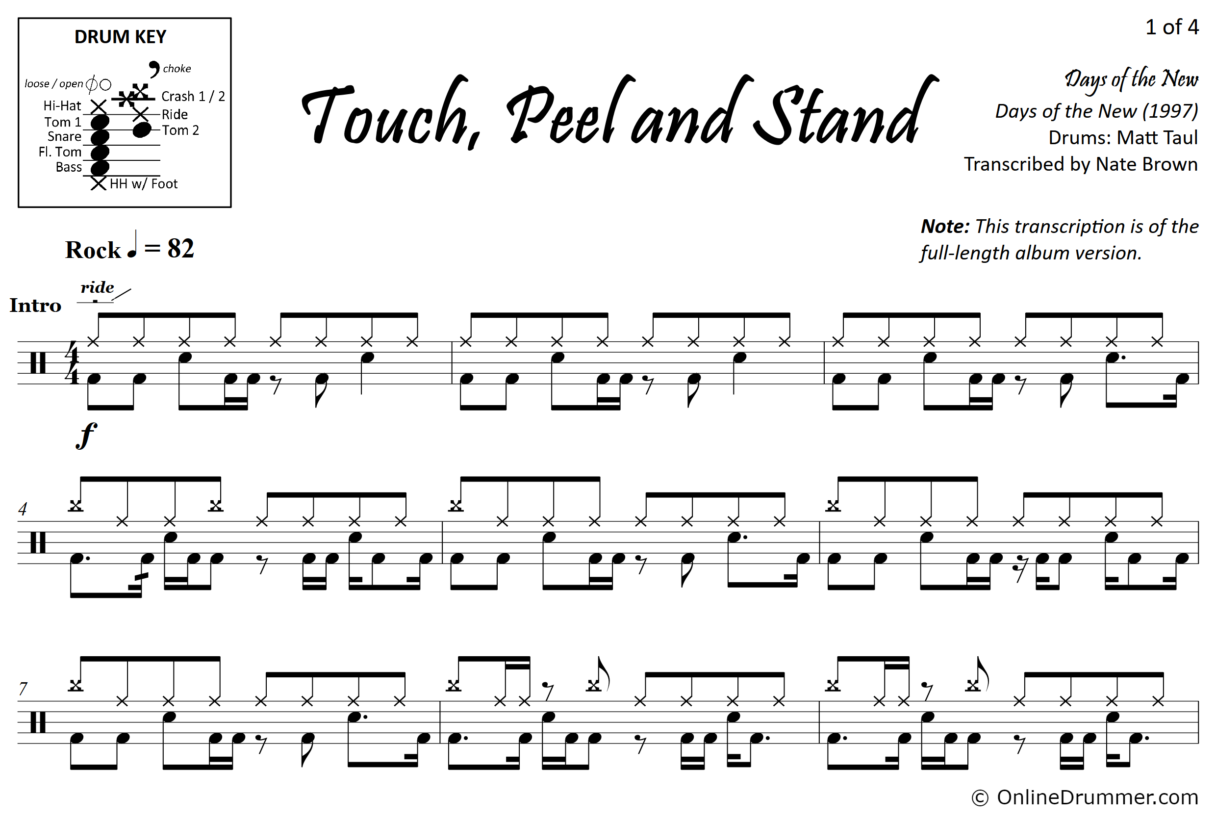 Touch, Peel and Stand - Days of the New - Drum Sheet Music