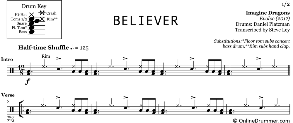 Believer - Imagine Dragons - Drum Sheet Music